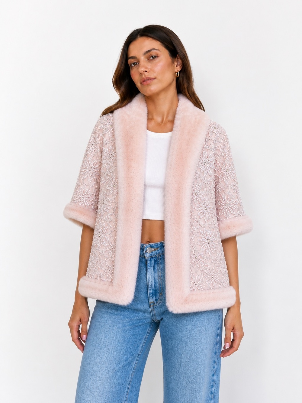 Vintage Beaded Fur Trim Coat | Embellished Mink Style Jacket | Soft Pink S/M